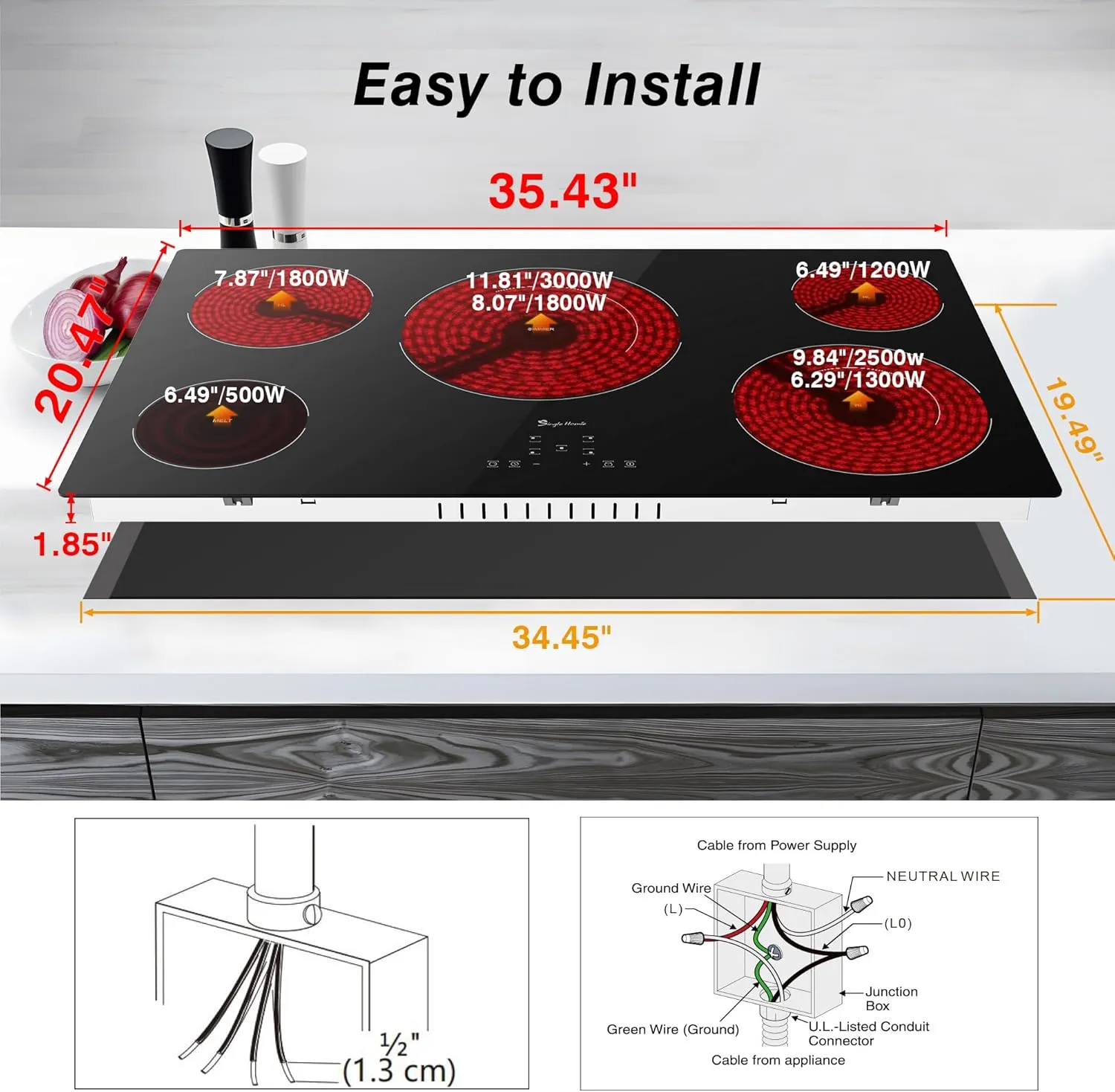 Electric Cooktop 36 Inch 5 Burners, Electric Stove Top, Built-in Ceramic Radiant Cooktop with Sensor Touch Control, Fast Heat, Multiple Safety Protection, 9000W with Hard Wire for 220V~240V