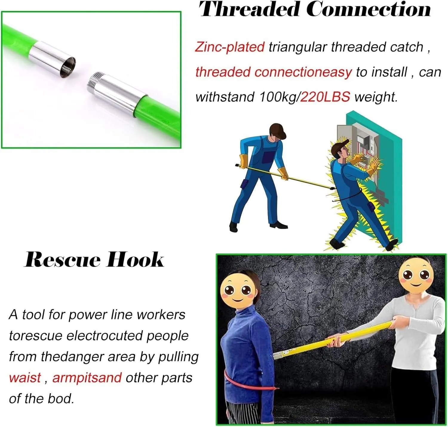 Electrical Safety Rescue Pole, High Voltage Tower Safety Insulation Pull Rod, High Voltage Emergency Rescue Tool, Anti-Electric Shock Body Pull Hook, Suitable for Fire Electricians,3m