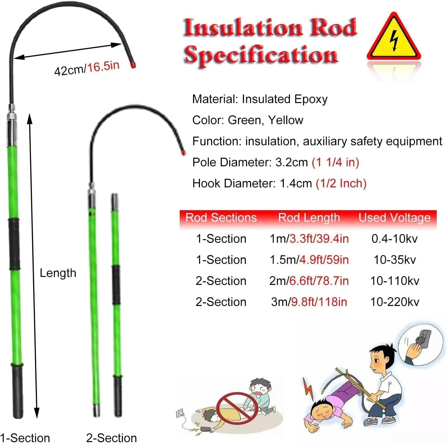 Electrical Safety Rescue Pole, High Voltage Tower Safety Insulation Pull Rod, High Voltage Emergency Rescue Tool, Anti-Electric Shock Body Pull Hook, Suitable for Fire Electricians,3m