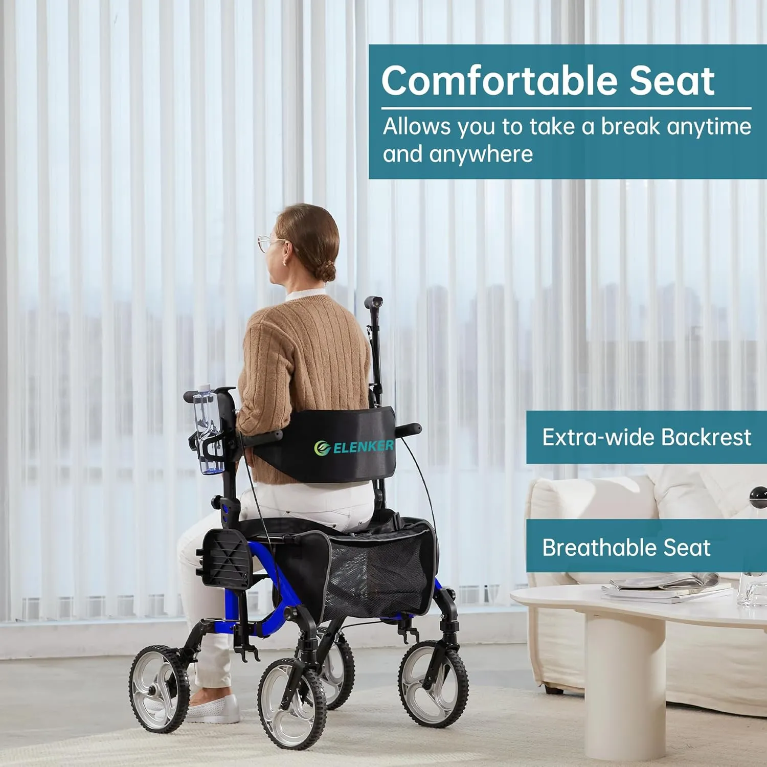 ELENKER 2 in 1 Rollator Walker & Transport Chair, Folding Wheelchair with 10” Non-Slip Wheels for Seniors, Reversible Backrest & Detachable Footrests, Blue