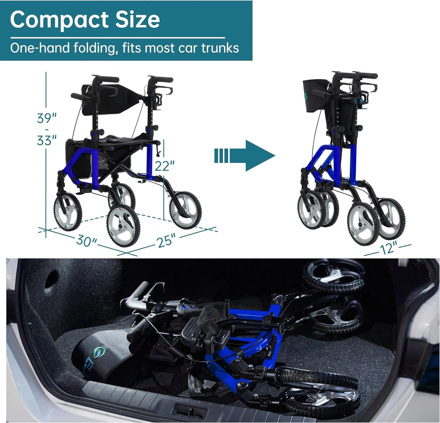 ELENKER 2 in 1 Rollator Walker & Transport Chair, Folding Wheelchair with 10” Non-Slip Wheels for Seniors, Reversible Backrest & Detachable Footrests, Blue
