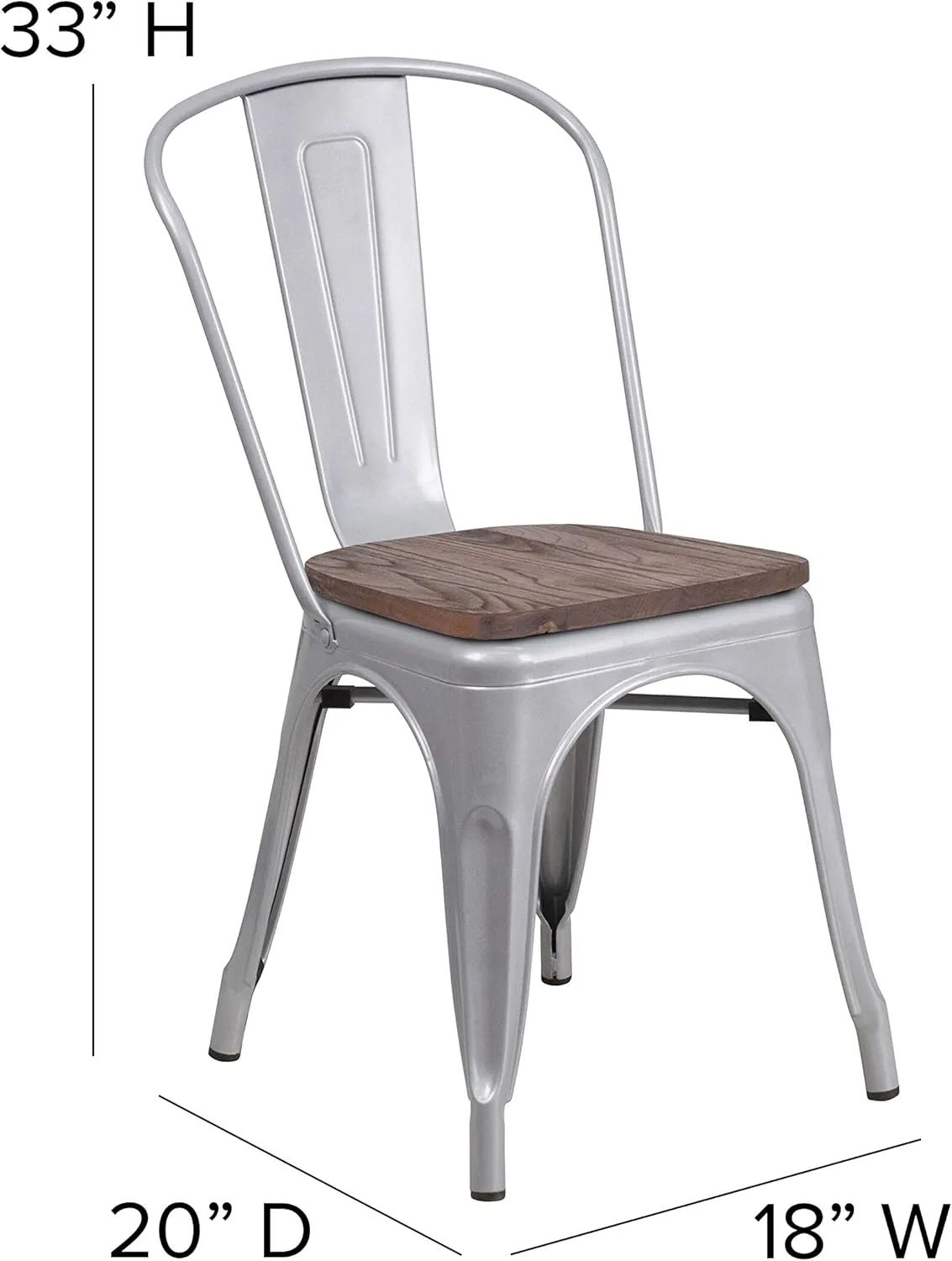 EMMA   OLIVER 4 Pack Silver Metal Stackable Dining Chair - Wood Seat - Restaurant Chair - Bistro Chair