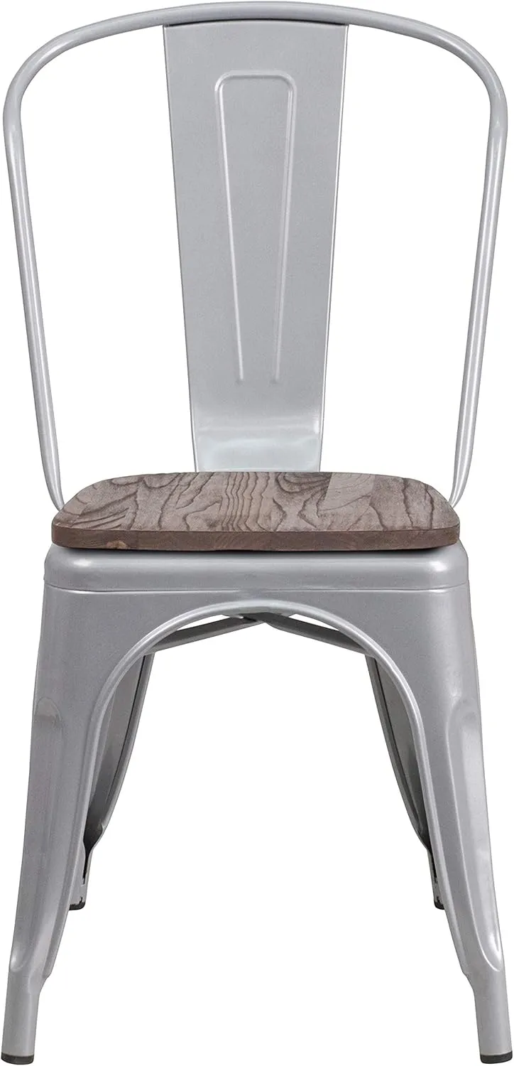 EMMA   OLIVER 4 Pack Silver Metal Stackable Dining Chair - Wood Seat - Restaurant Chair - Bistro Chair