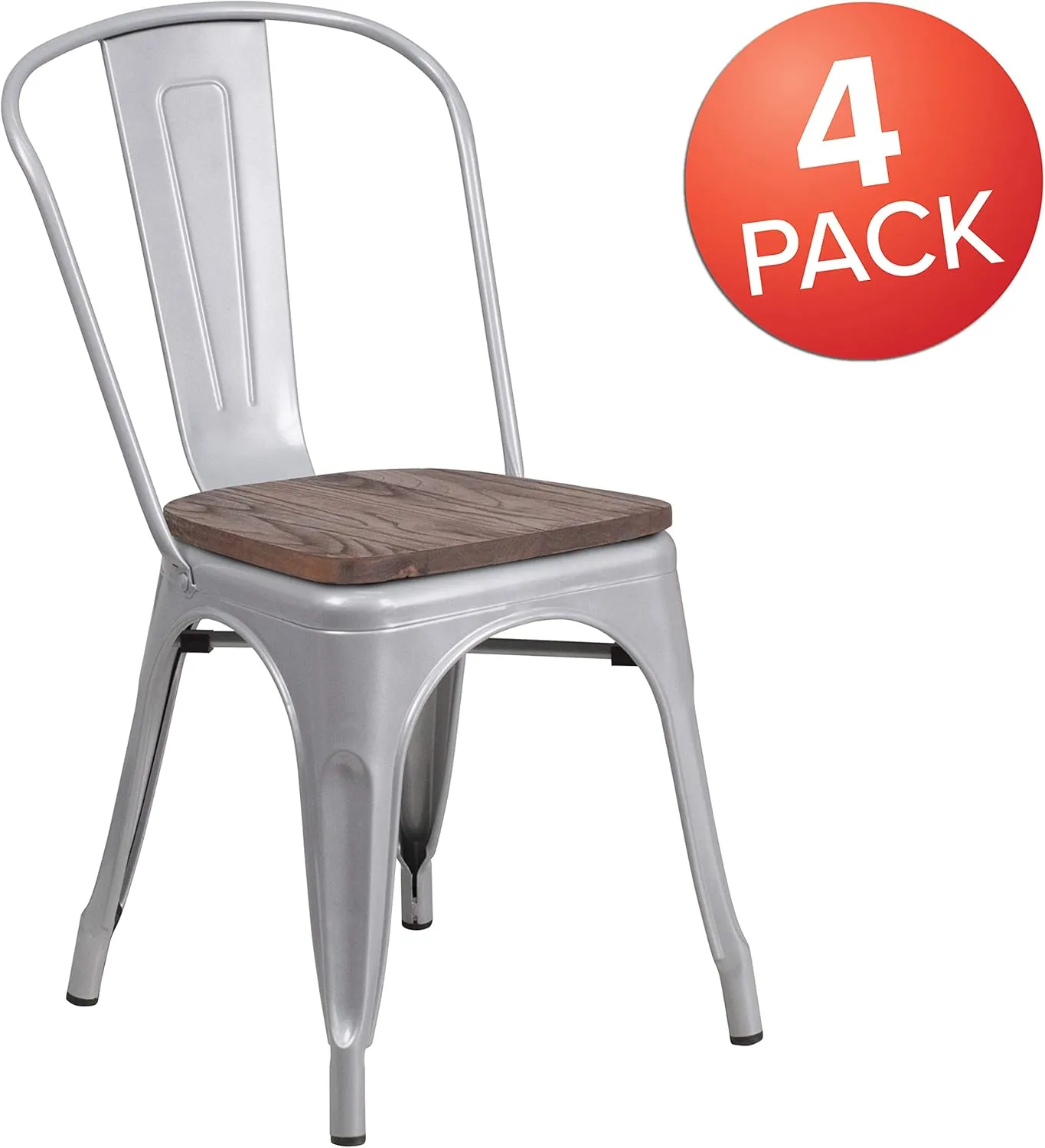 EMMA   OLIVER 4 Pack Silver Metal Stackable Dining Chair - Wood Seat - Restaurant Chair - Bistro Chair