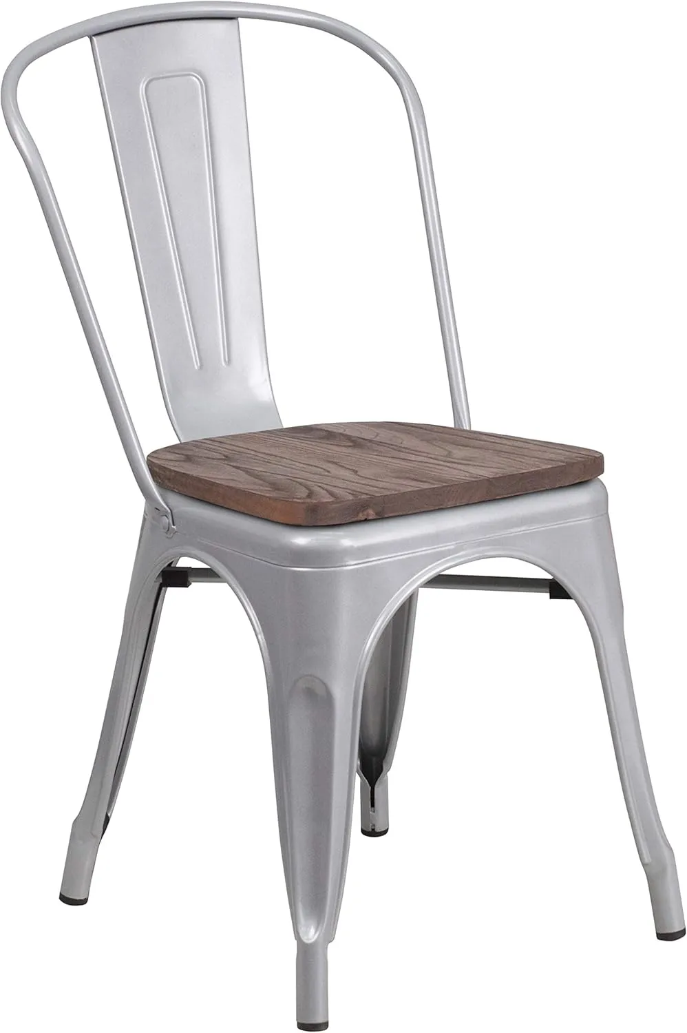 EMMA   OLIVER 4 Pack Silver Metal Stackable Dining Chair - Wood Seat - Restaurant Chair - Bistro Chair