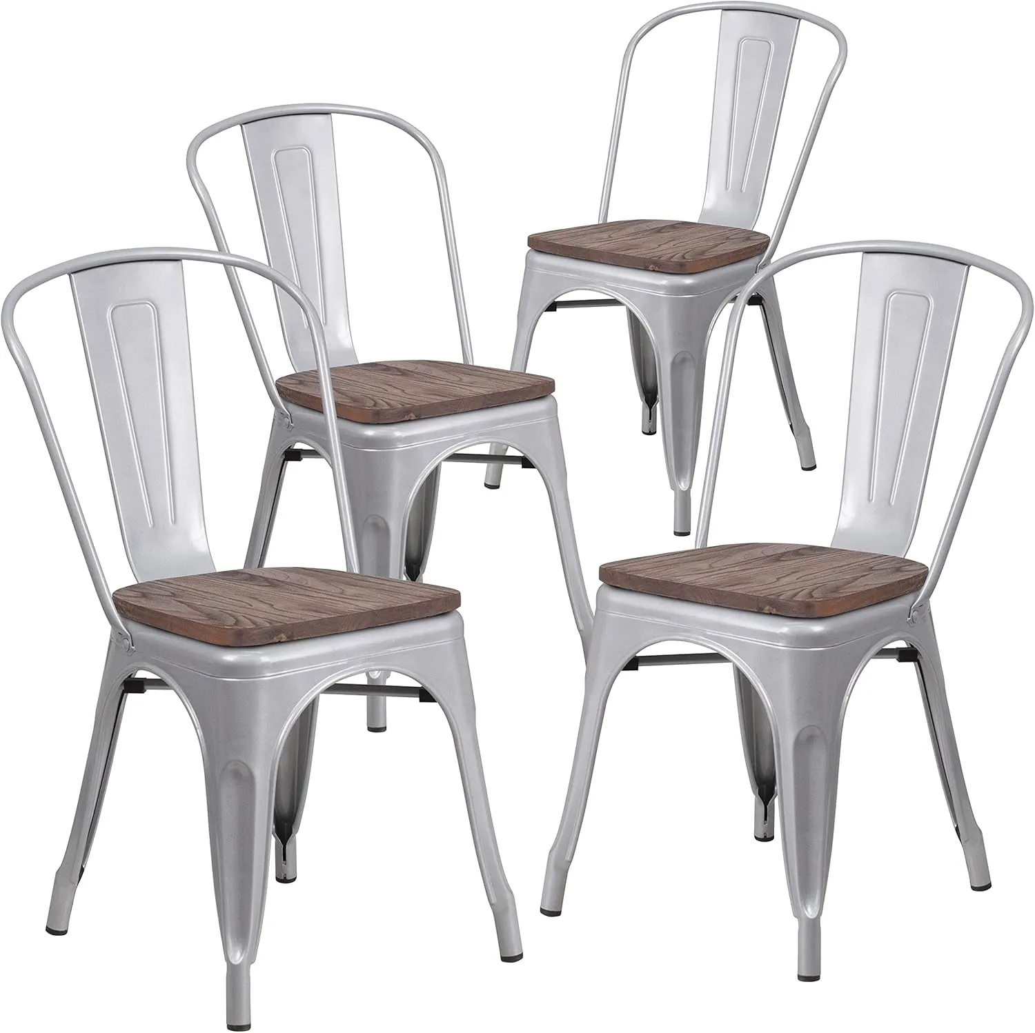 EMMA   OLIVER 4 Pack Silver Metal Stackable Dining Chair - Wood Seat - Restaurant Chair - Bistro Chair