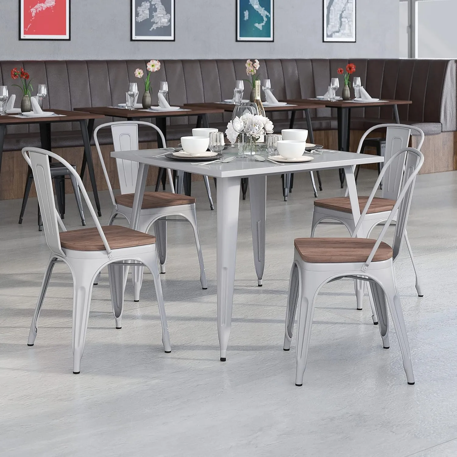 EMMA   OLIVER 4 Pack Silver Metal Stackable Dining Chair - Wood Seat - Restaurant Chair - Bistro Chair