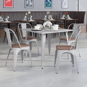 EMMA   OLIVER 4 Pack Silver Metal Stackable Dining Chair - Wood Seat - Restaurant Chair - Bistro Chair