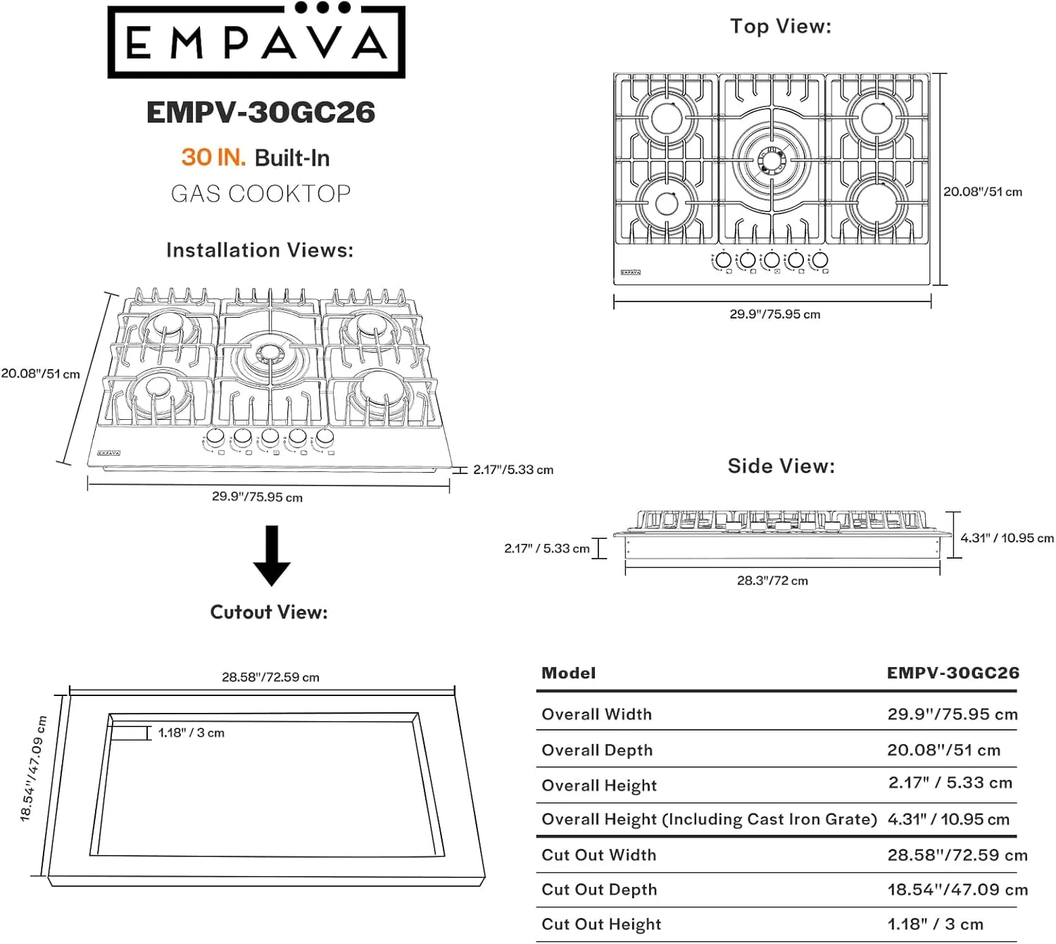 Empava 30 in. Gas Stove Cooktop 5 Italy Sabaf Sealed Burners NG/LPG Convertible in Black Tempered Glass, 30 Inch