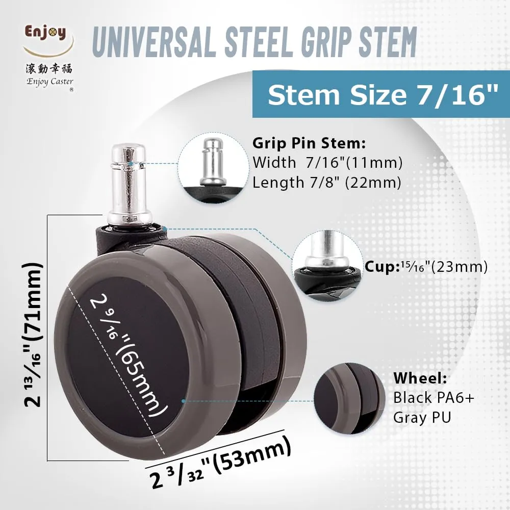 Enjoy Caster | 2.5 Inch Office Chair Casters for Herman Miller Aeron Steelcase Leap Chair | Dual Injection Polyurethane Wheels for Hardwood Floors | Universal Stem Size 7/16" Chairs (6506BUDG-23)