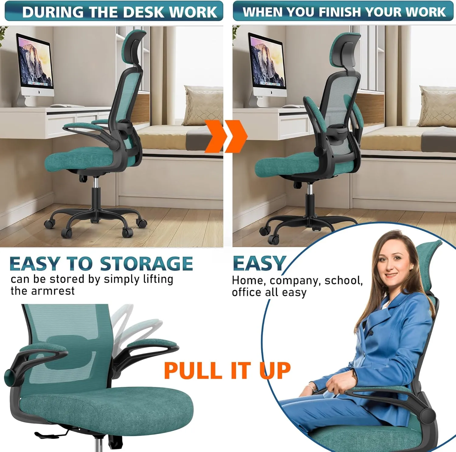 Ergonomic Office Chair for Long Hours & Back Pain Relief – Adjustable Lumbar Support & Headrest, High-Density Foam Cushion, Flip-Up Armrests, Ideal for Work & Study, Green