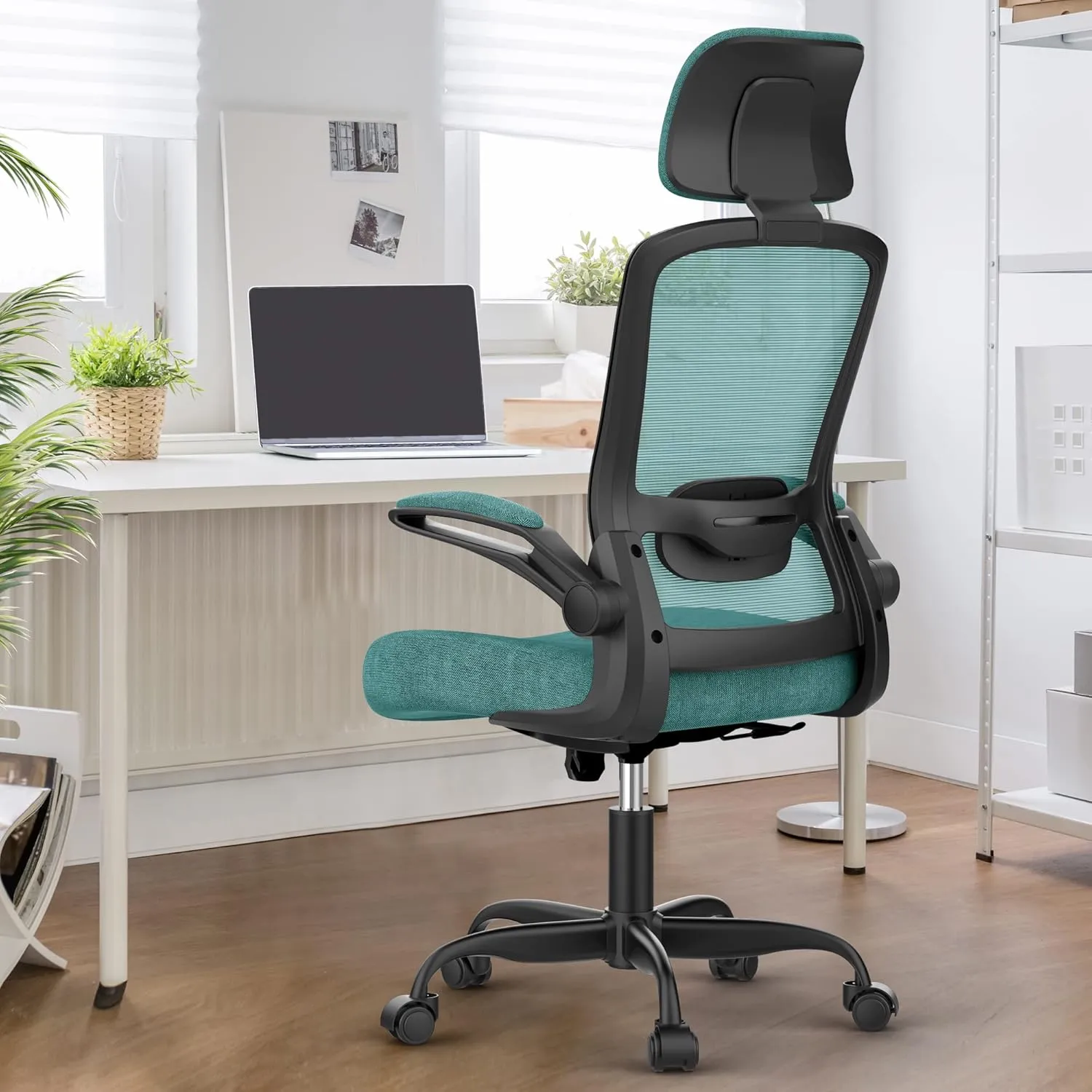 Ergonomic Office Chair for Long Hours & Back Pain Relief – Adjustable Lumbar Support & Headrest, High-Density Foam Cushion, Flip-Up Armrests, Ideal for Work & Study, Green