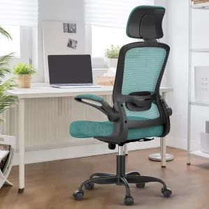 Ergonomic Office Chair for Long Hours & Back Pain Relief – Adjustable Lumbar Support & Headrest, High-Density Foam Cushion, Flip-Up Armrests, Ideal for Work & Study, Green