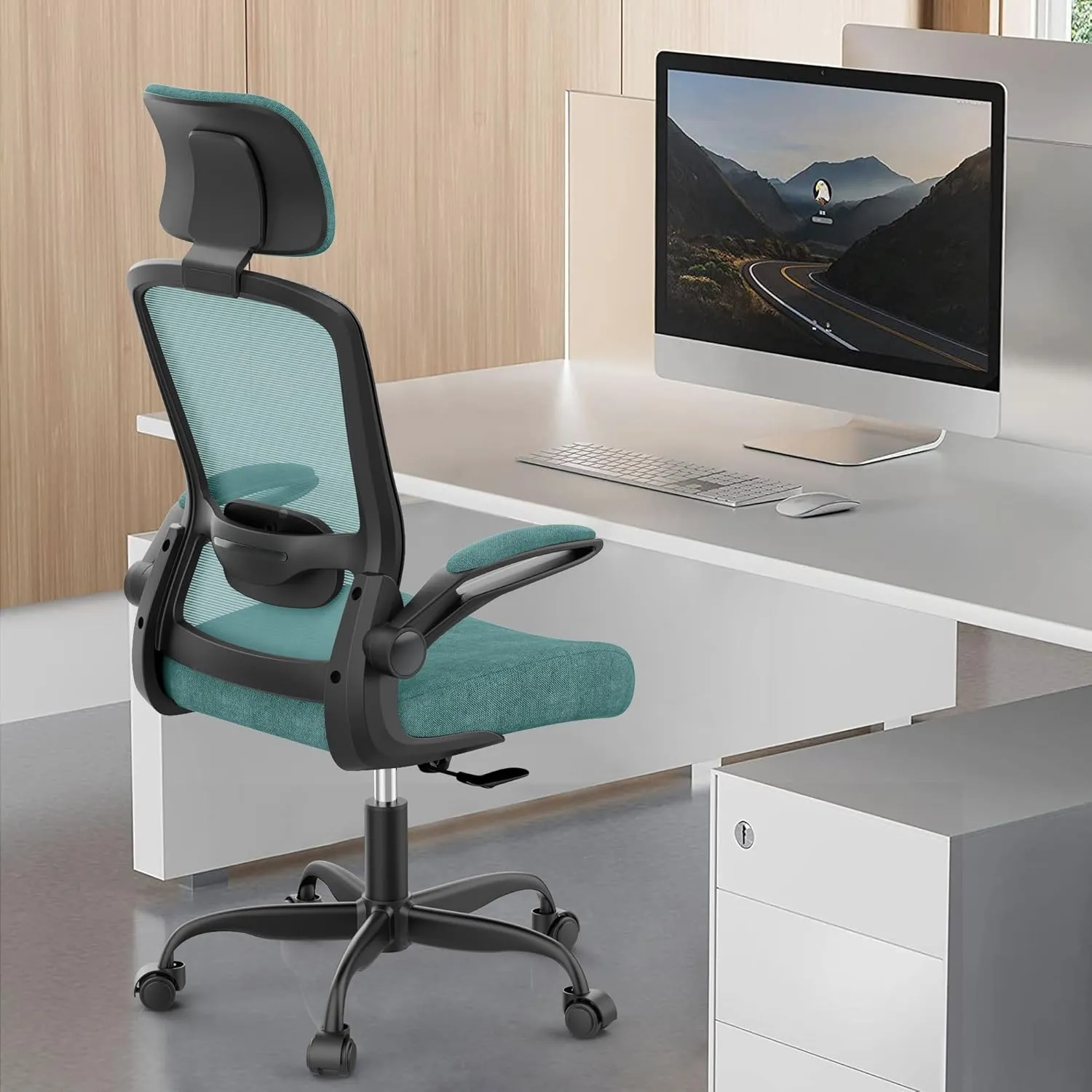 Ergonomic Office Chair for Long Hours & Back Pain Relief – Adjustable Lumbar Support & Headrest, High-Density Foam Cushion, Flip-Up Armrests, Ideal for Work & Study, Green