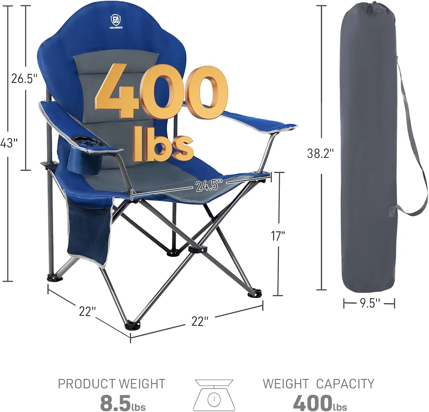 EVER ADVANCED Camping Chairs, Lawn Chairs Outdoor Sports Chairs, Folding Chair Camping Chairs for Adults, Supports 400lbs
