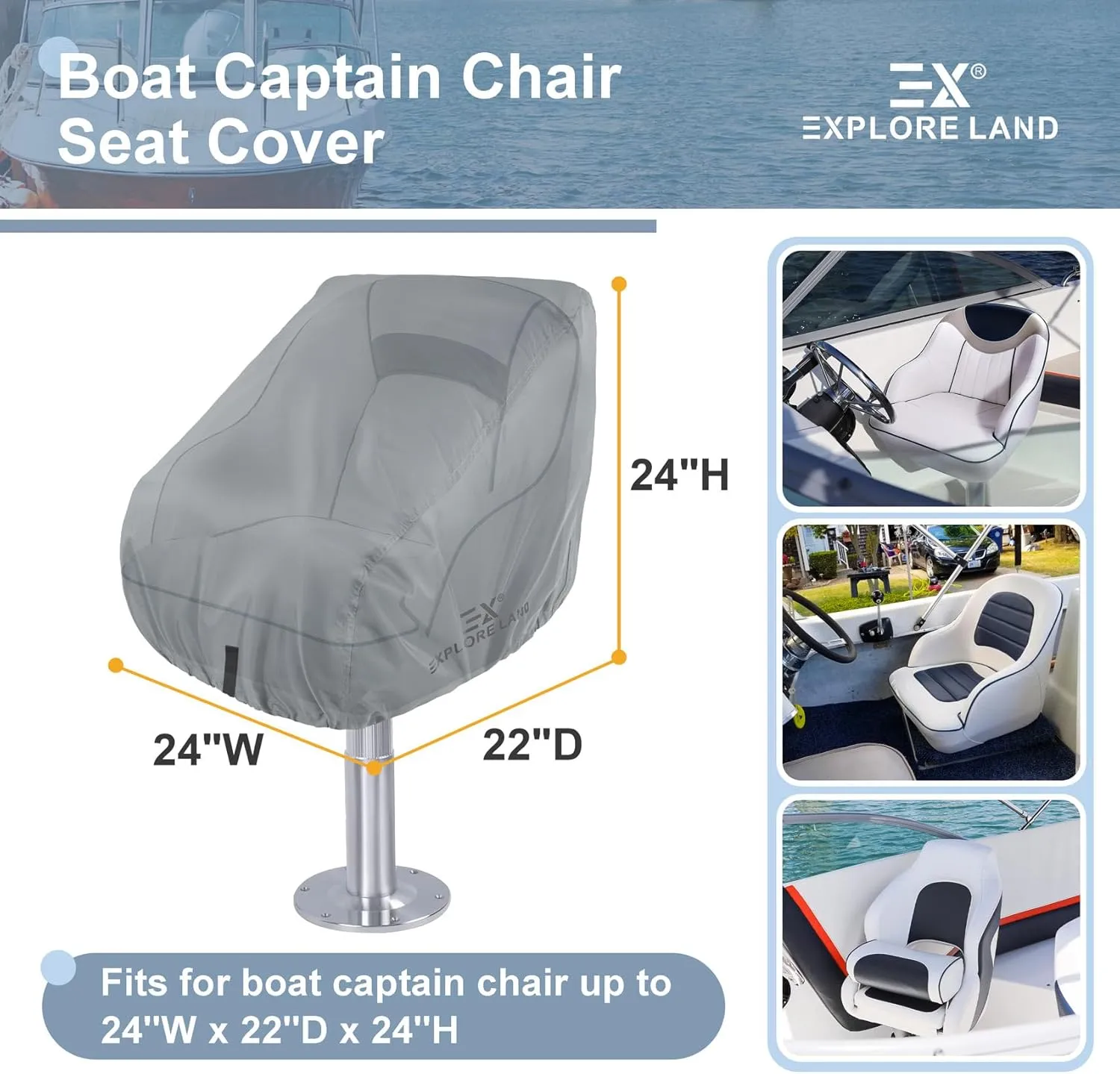 Explore Land Boat Captain Chair Cover - Waterproof 600D Heavy Duty Pedestal Pontoon Captain Bucket Boat Seat Cover 2 Pack - 24W x 22D x 24H inch, Grey