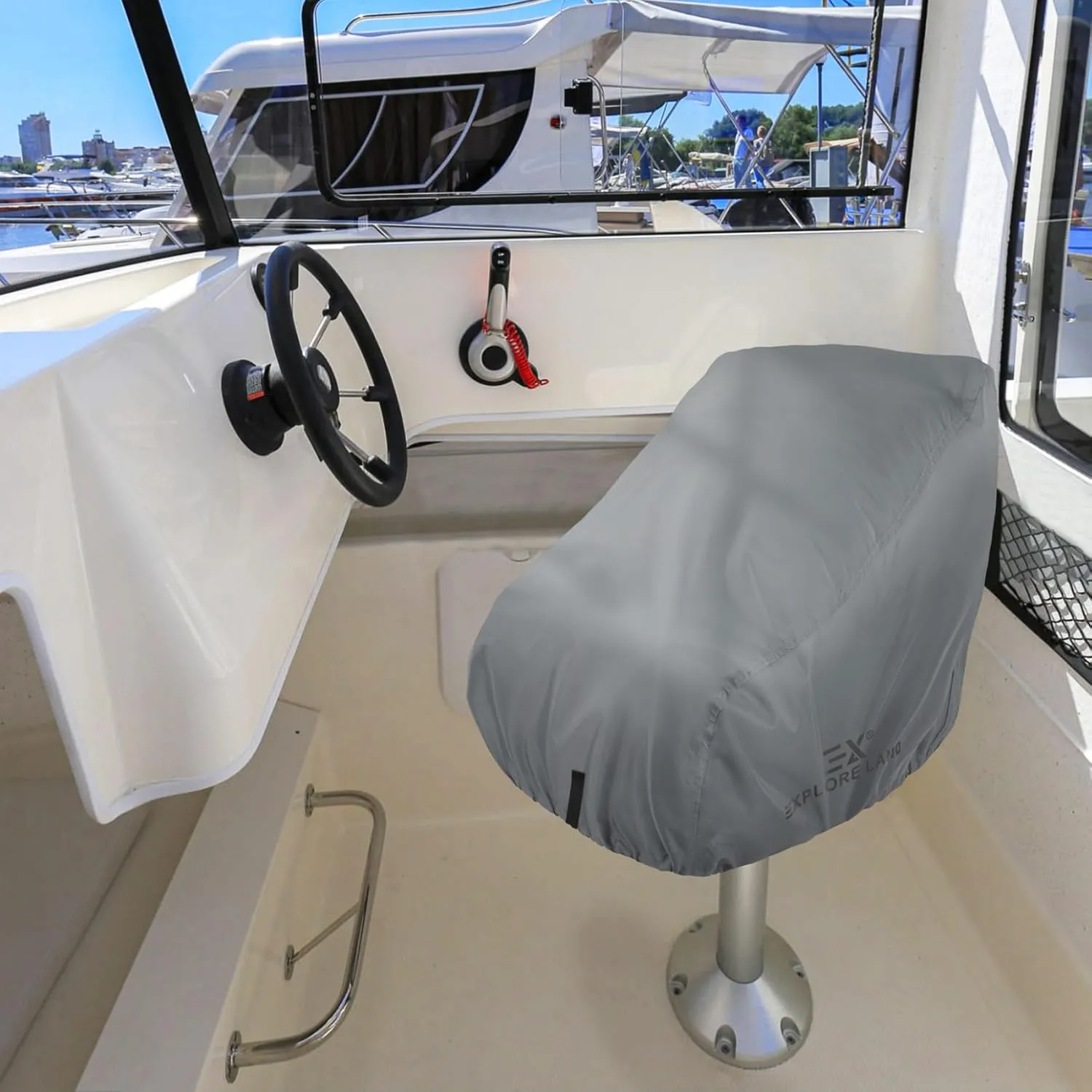 Explore Land Boat Captain Chair Cover - Waterproof 600D Heavy Duty Pedestal Pontoon Captain Bucket Boat Seat Cover 2 Pack - 24W x 22D x 24H inch, Grey