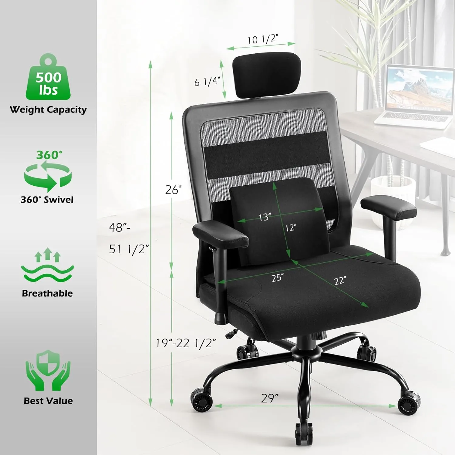 Extra Wide Seat Office Chair for Big and Tall 500lbs, with High Back Adjustable Headrest Lumbar Support Arms Wheels Heavy Duty (Breathable Fabric Seat)