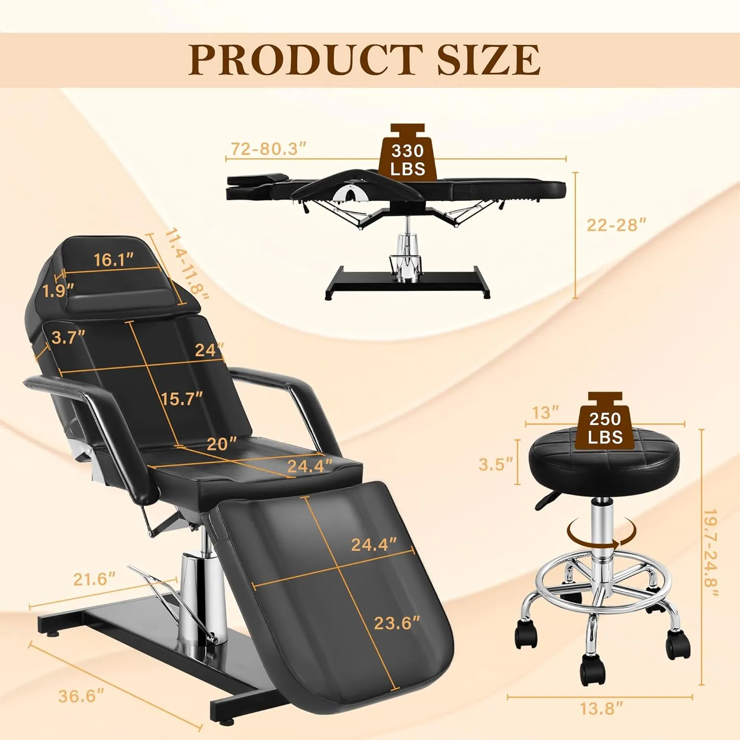 Facial Tattoo Chair, Hydraulic Esthetician Bed with Rolling Stool, Extended Head Spa Tattoo Artist Massage Table 360° Swivel Salon Beauty Spa Equipment w/Removable Armrests, Black