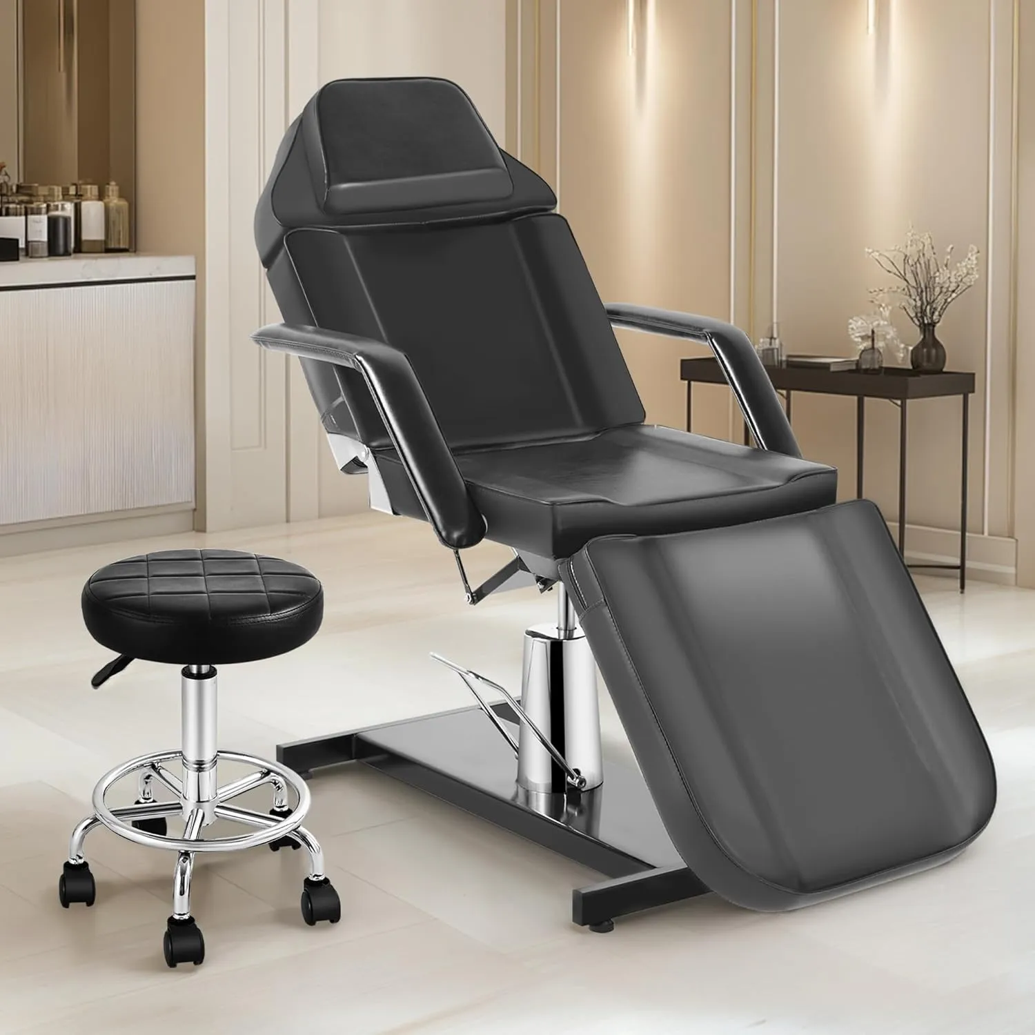 Facial Tattoo Chair, Hydraulic Esthetician Bed with Rolling Stool, Extended Head Spa Tattoo Artist Massage Table 360° Swivel Salon Beauty Spa Equipment w/Removable Armrests, Black