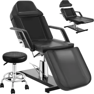 Facial Tattoo Chair, Hydraulic Esthetician Bed with Rolling Stool, Extended Head Spa Tattoo Artist Massage Table 360° Swivel Salon Beauty Spa Equipment w/Removable Armrests, Black