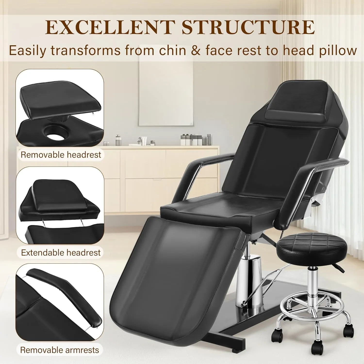 Facial Tattoo Chair, Hydraulic Esthetician Bed with Rolling Stool, Extended Head Spa Tattoo Artist Massage Table 360° Swivel Salon Beauty Spa Equipment w/Removable Armrests, Black