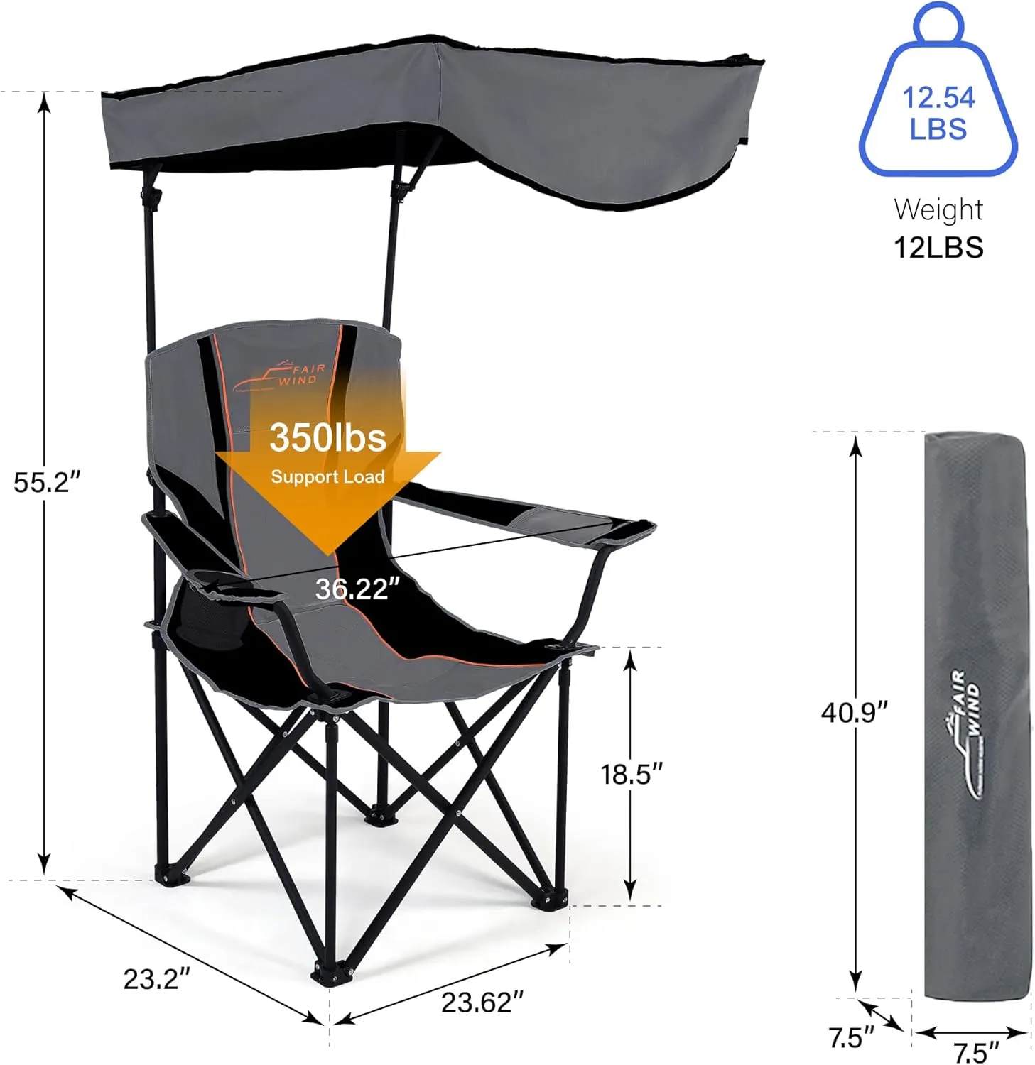FAIR WIND Oversized Camping Lounge Chair with Adjustable Shade Canopy, Heavy Duty Quad Fold Chair Arm Chair - Support 350 LBS (Black Grey)