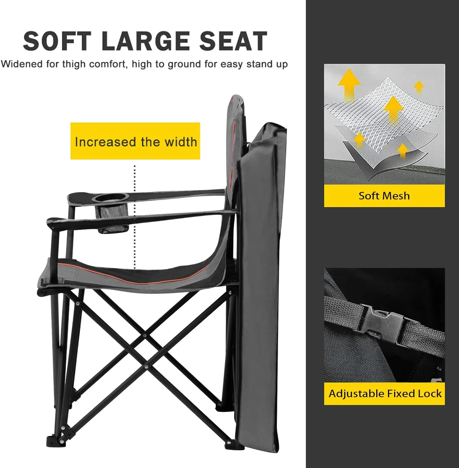 FAIR WIND Oversized Camping Lounge Chair with Adjustable Shade Canopy, Heavy Duty Quad Fold Chair Arm Chair - Support 350 LBS (Black Grey)