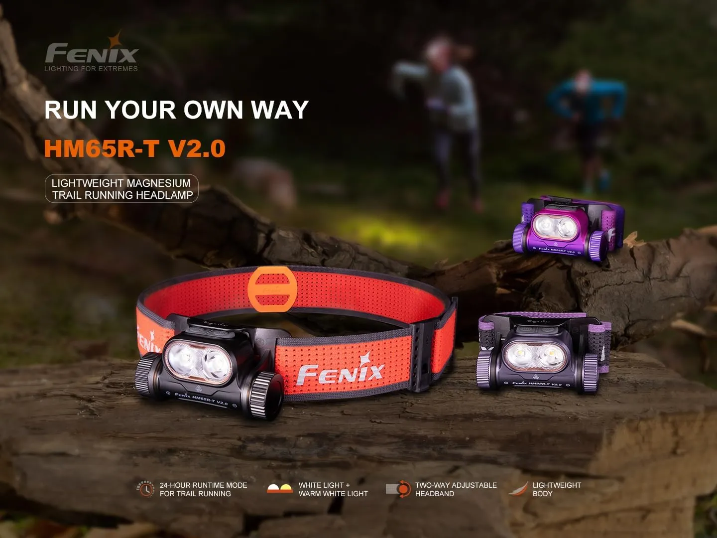 Fenix HM65R-T V2.0 Running Headlamp, 1600 Lumen White Light and Warm White Dual Beams, USB-C Rechargeable, Lightweight Long Runtime for Trail Running, with Organizer (Black)
