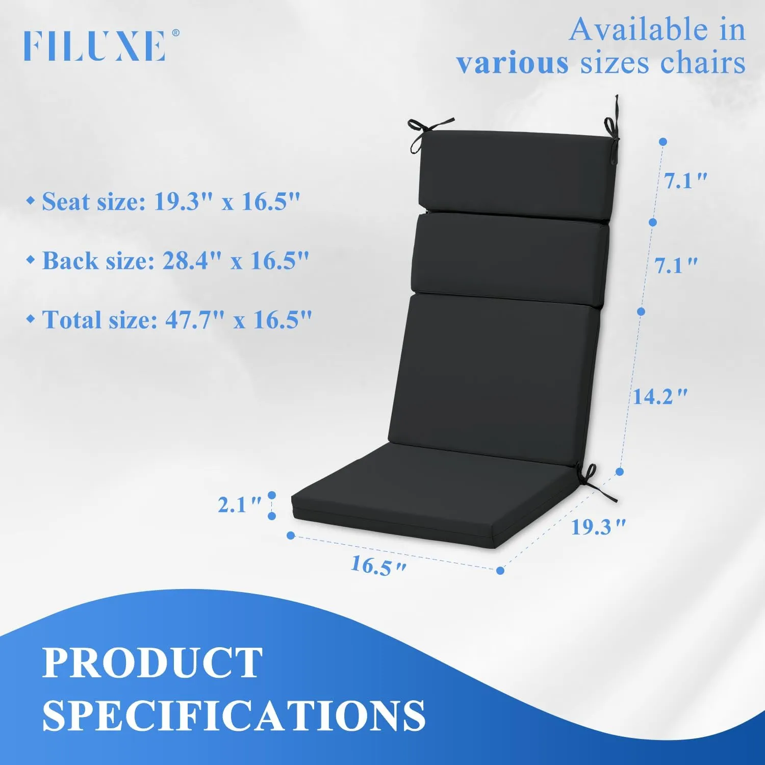 FILUXE Indoor/Outdoor One Piece High Back Chair Seat/Back Patio Cushion with Ties, 45.5" x 20",Fade-Resistant & Seasonal All Weather Replacement, Deep Gray
