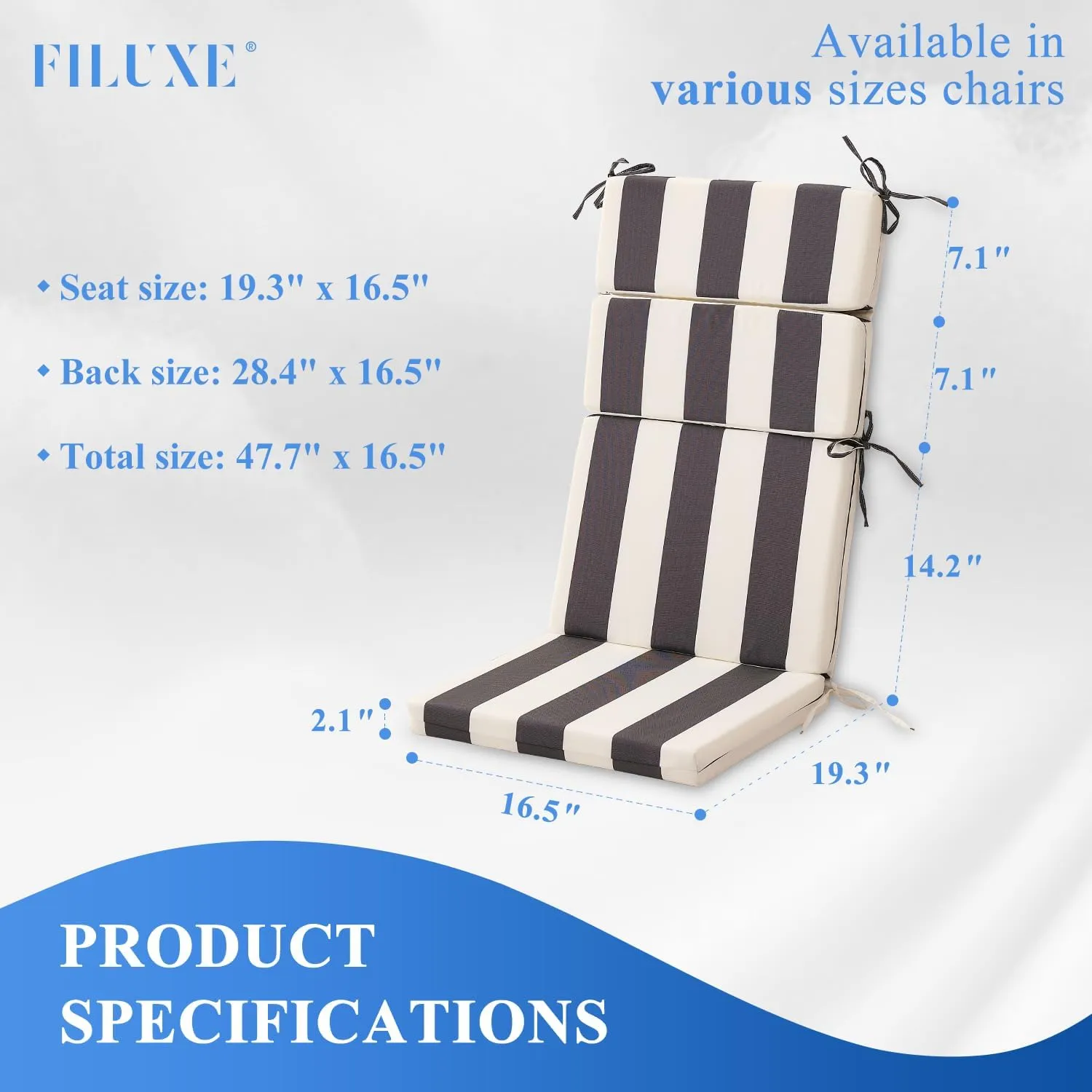 FILUXE Indoor/Outdoor One Piece High Back Chair Seat/Back Patio Cushion with Ties, 45.5" x 20",Fade-Resistant & Seasonal All Weather Replacement, Stripe Black