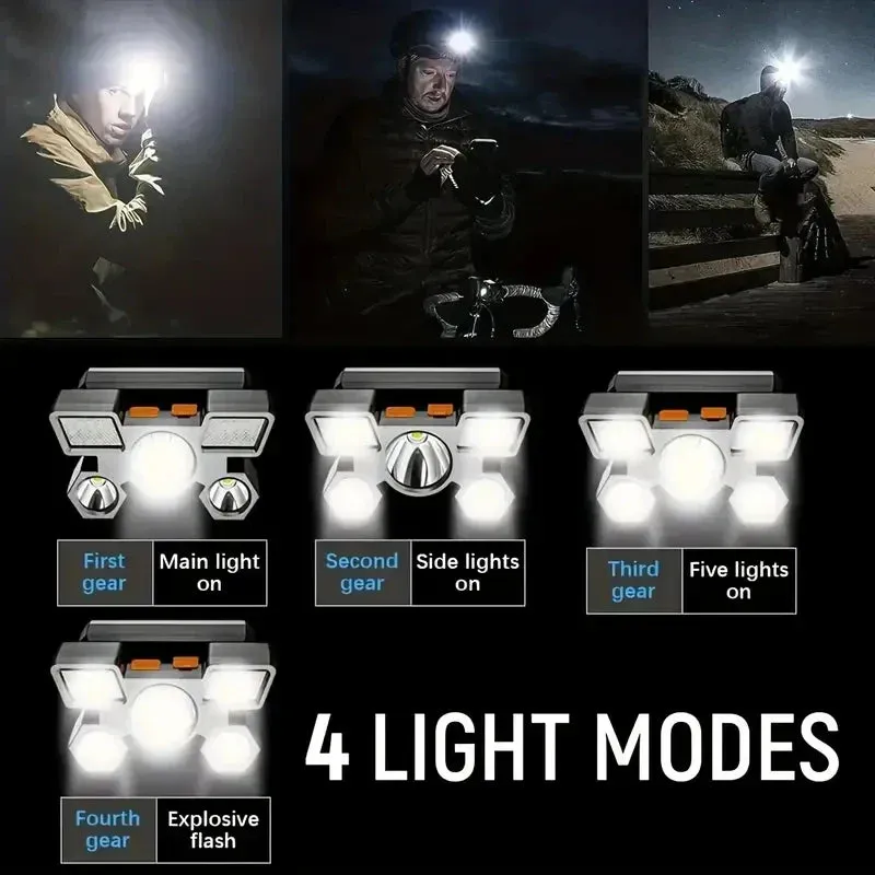 Five-head Long-range Super Bright Headlight USB strong light super bright rechargeable fishing lamp  head-mounted flashlight