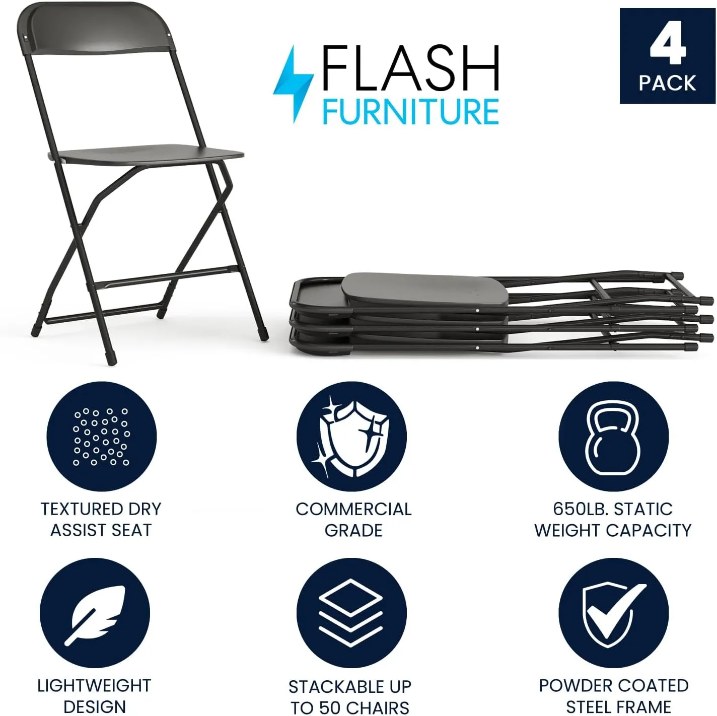 Flash Furniture Hercules Series Plastic Folding Chairs for Parties and Weddings, Stackable Commercial Event Seats with 650-lb. Static Weight Capacity, Set of 4, Black