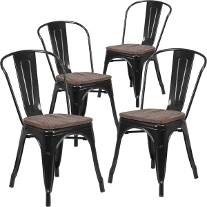 Flash Furniture Luke 4 Pack Black Metal Stackable Chair with Wood Seat