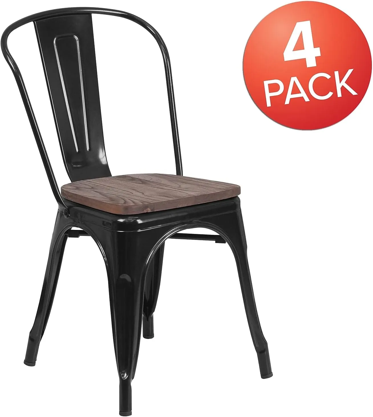 Flash Furniture Luke 4 Pack Black Metal Stackable Chair with Wood Seat