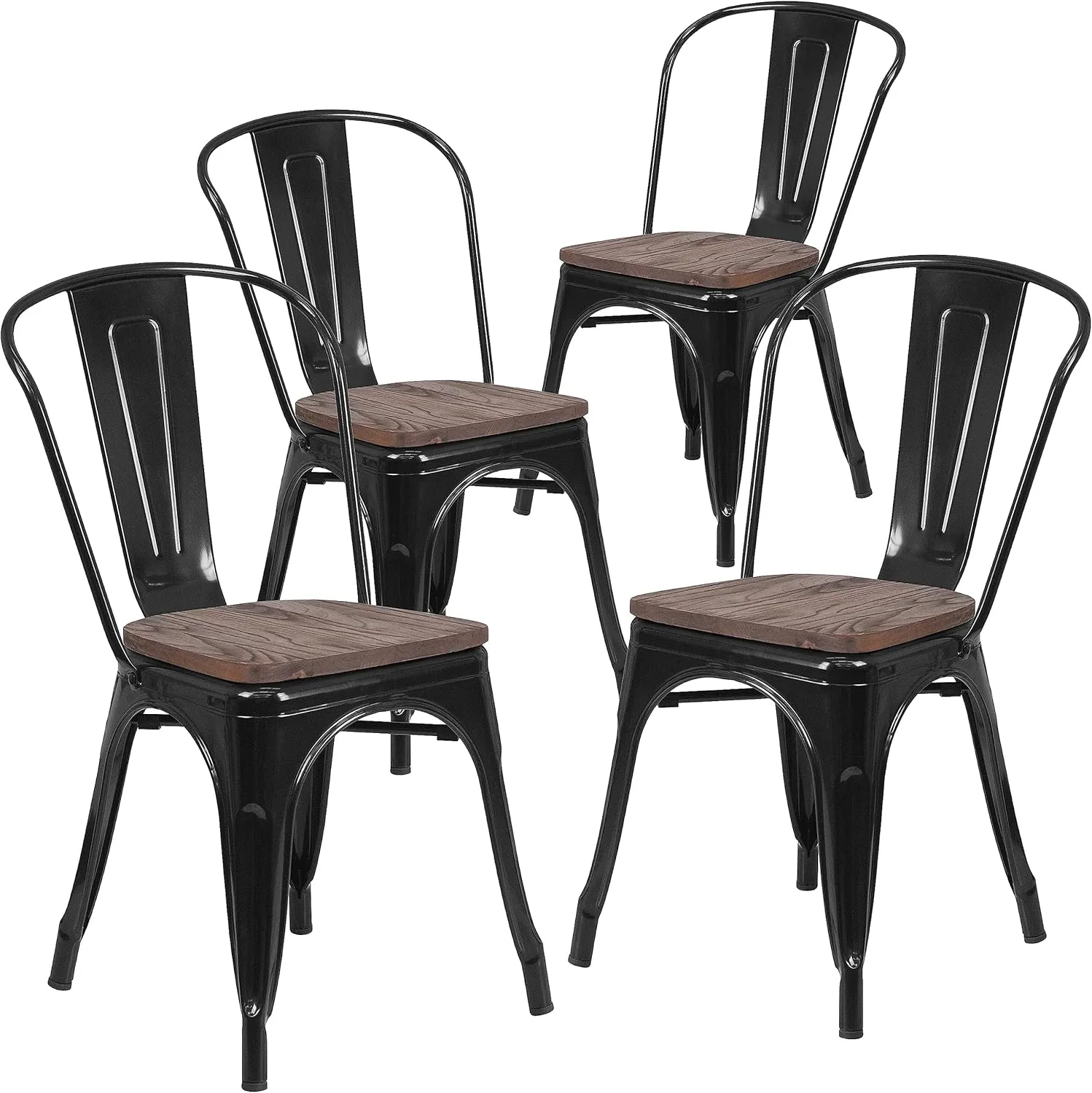 Flash Furniture Luke 4 Pack Black Metal Stackable Chair with Wood Seat