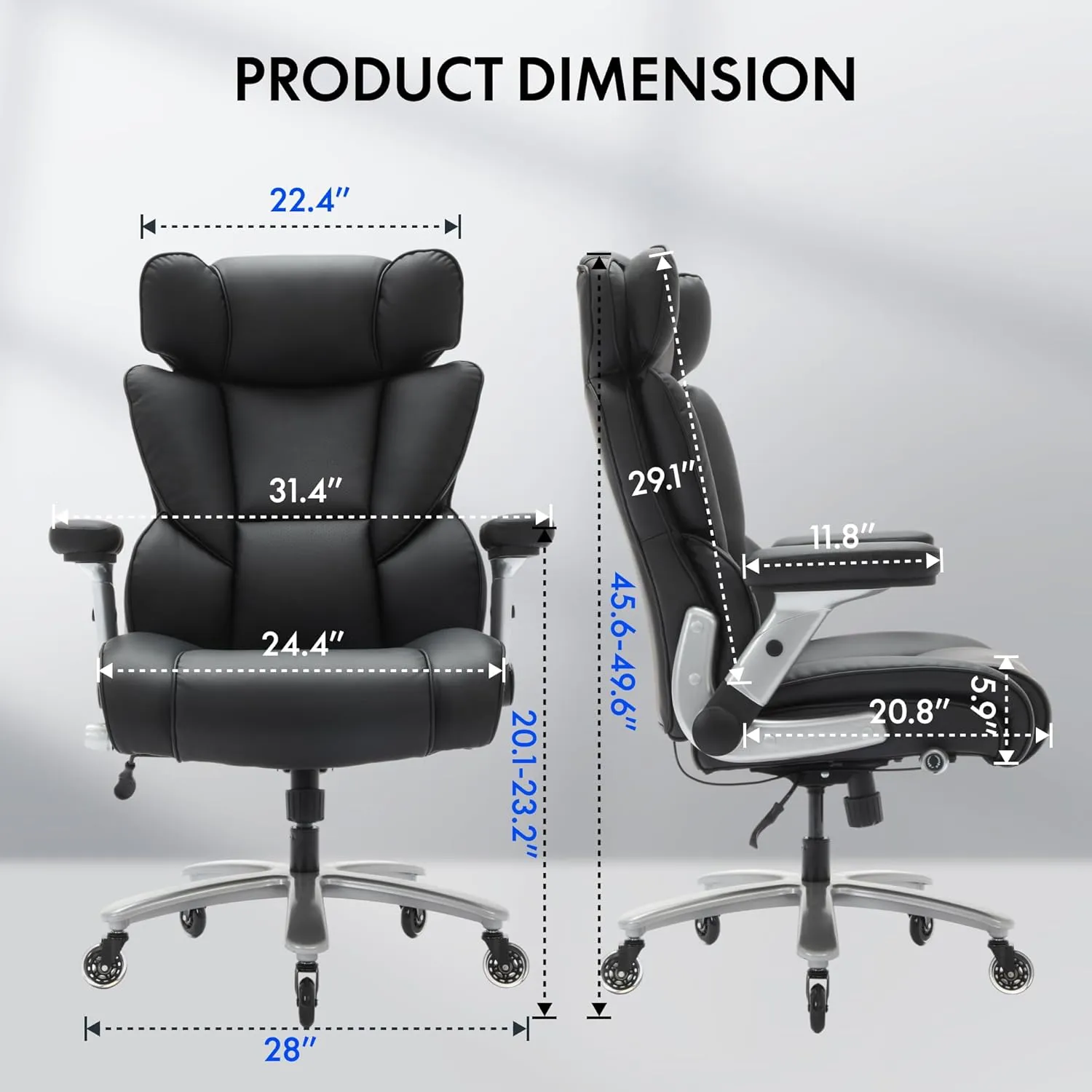 FLEXISPOT Big and Tall Office Chair with Flip Arms, 600LBS Heavy Duty Office Chair for Heavy People, Wide Plus Size Chair with Inflatable Adjustable Lumbar Support Quiet Rubber Wheels, Leather, Black