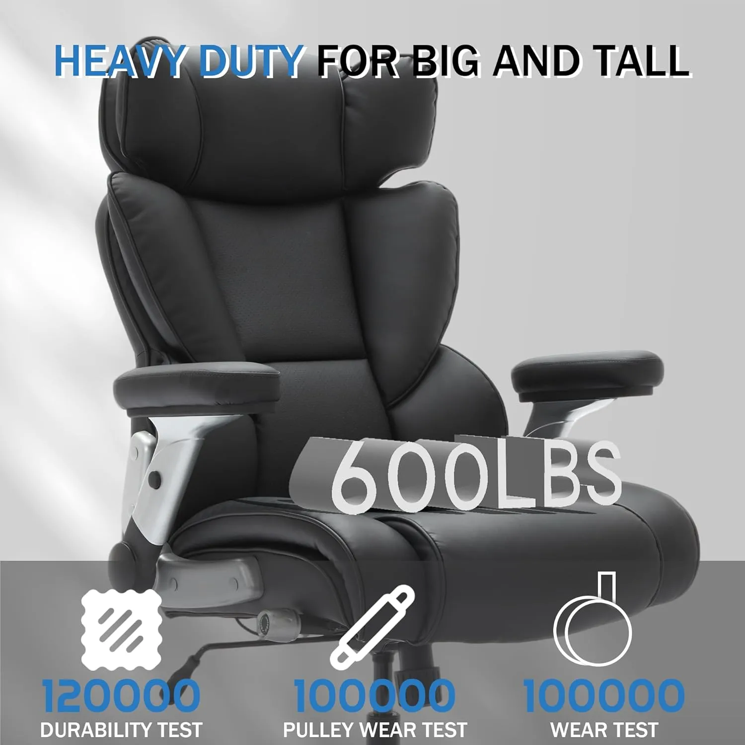 FLEXISPOT Big and Tall Office Chair with Flip Arms, 600LBS Heavy Duty Office Chair for Heavy People, Wide Plus Size Chair with Inflatable Adjustable Lumbar Support Quiet Rubber Wheels, Leather, Black