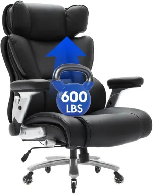 FLEXISPOT Big and Tall Office Chair with Flip Arms, 600LBS Heavy Duty Office Chair for Heavy People, Wide Plus Size Chair with Inflatable Adjustable Lumbar Support Quiet Rubber Wheels, Leather, Black