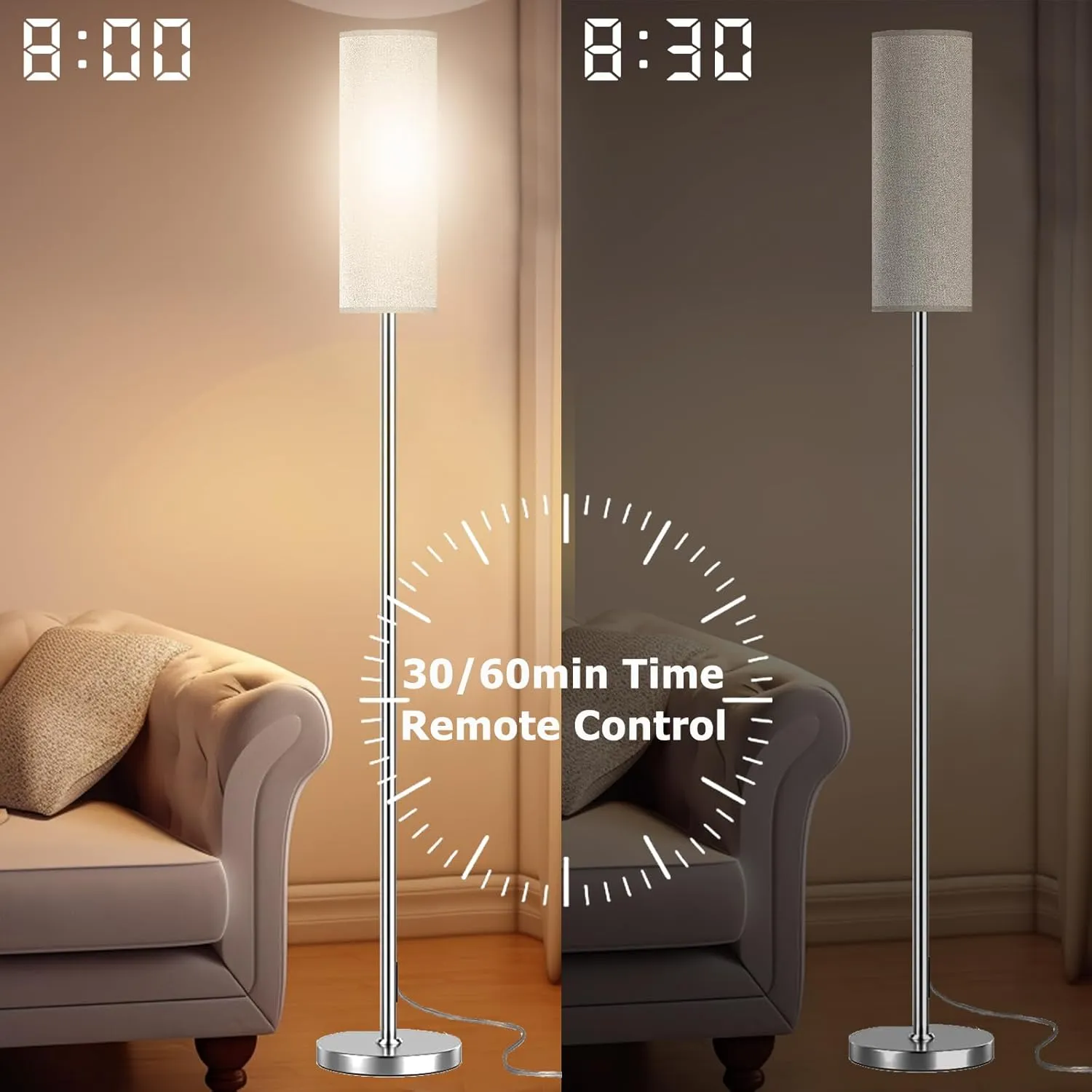 Floor Lamp for Living Room Bedroom, Modern Floor Lamp with Remote,Stepless Dimmable,Nickel Pole and Beige Linen lampshade （12W Bulb Included）