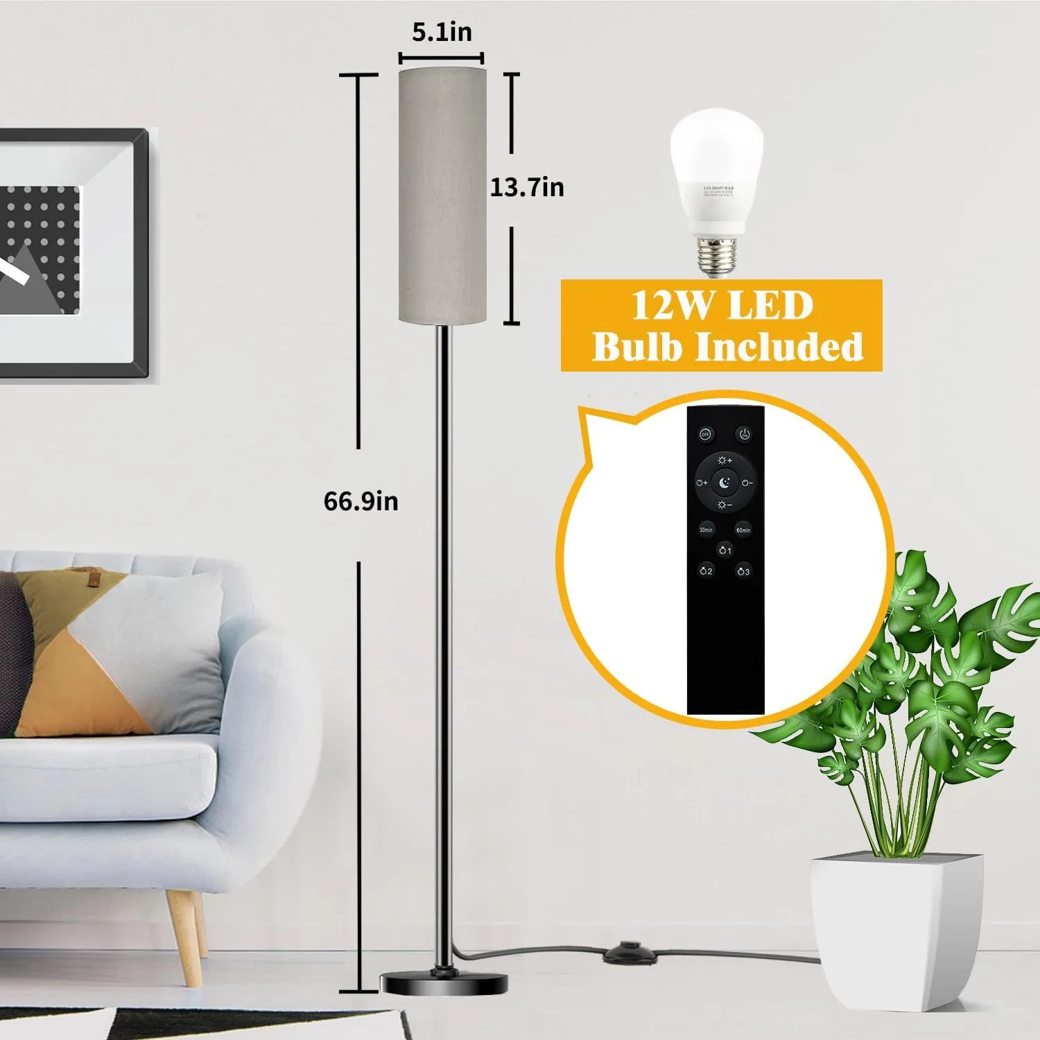 Floor Lamp for Living Room Bedroom, Modern Floor Lamp with Remote,Stepless Dimmable,Standing Lamps LED Tall Lamp for Bedroom Office (12W Bulb Included)