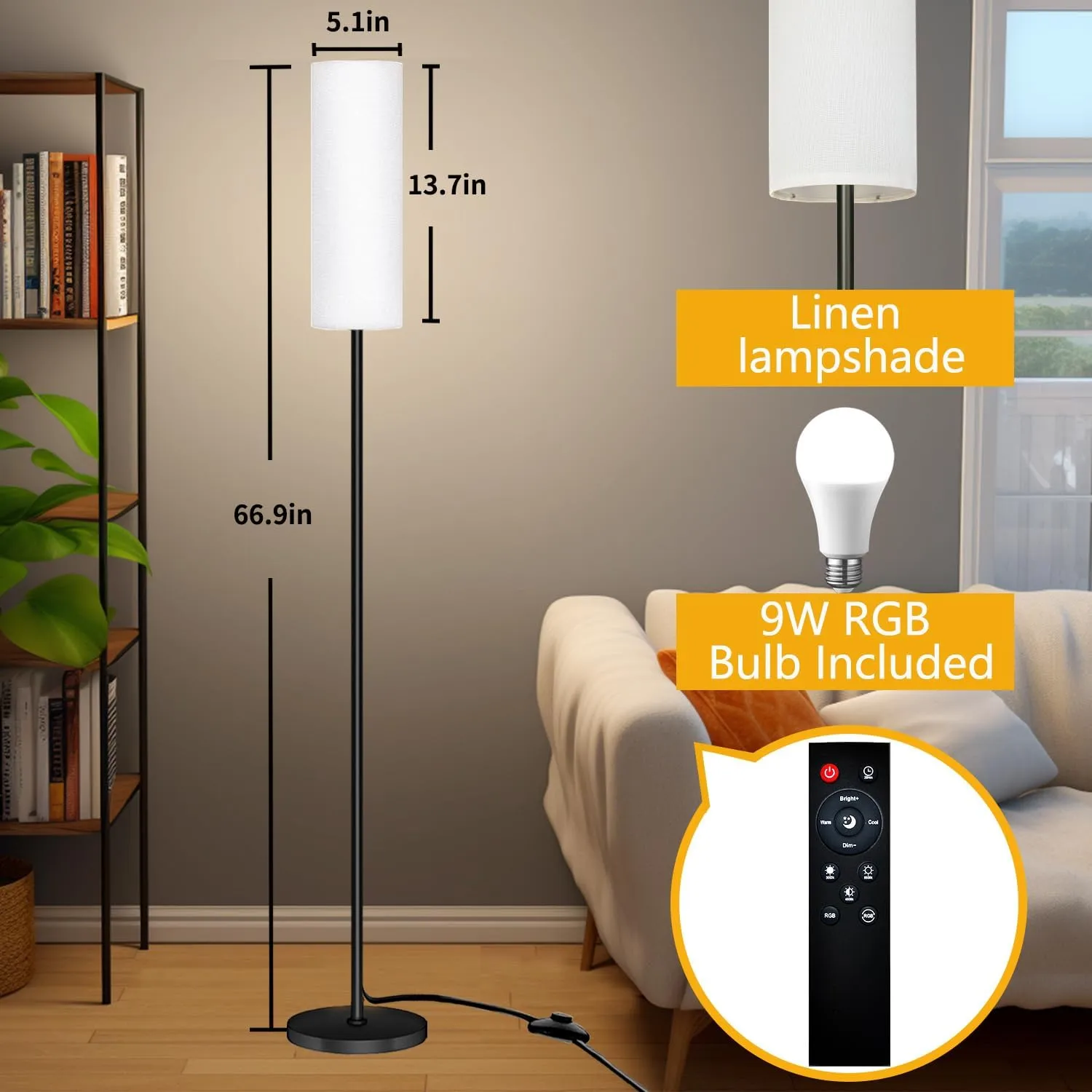 Floor Lamp for Living Room Bedroom,Modern LED Floor Lamp with Remote Control and Stepless Dimmable Colors Temperature & Brightness,Standing Lamps Tall Lamp, 9W Bulb Included(White)