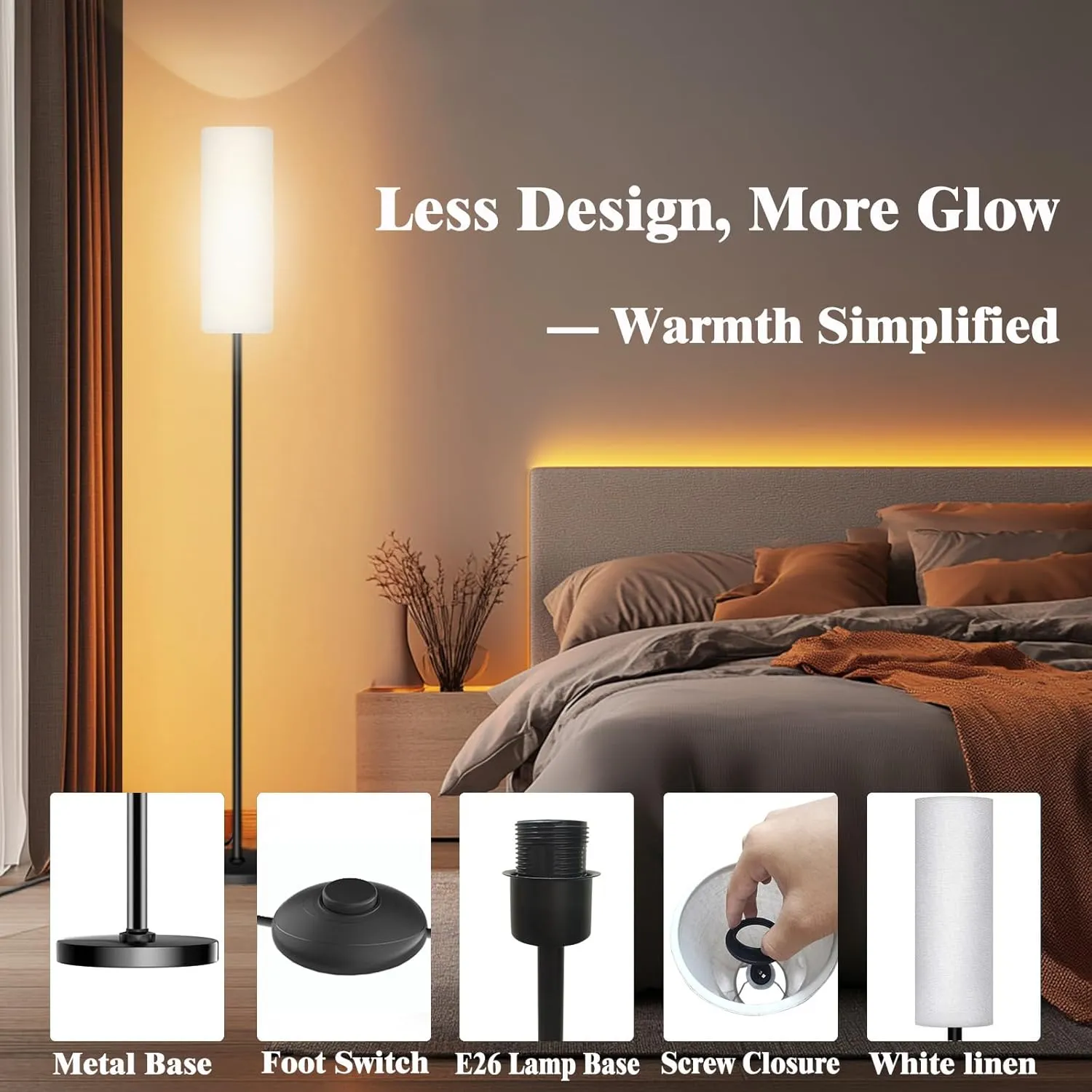 Floor Lamp for Living Room Bedroom,Modern LED Floor Lamp with Remote Control and Stepless Dimmable Colors Temperature & Brightness,Standing Lamps Tall Lamp, 9W Bulb Included(White)