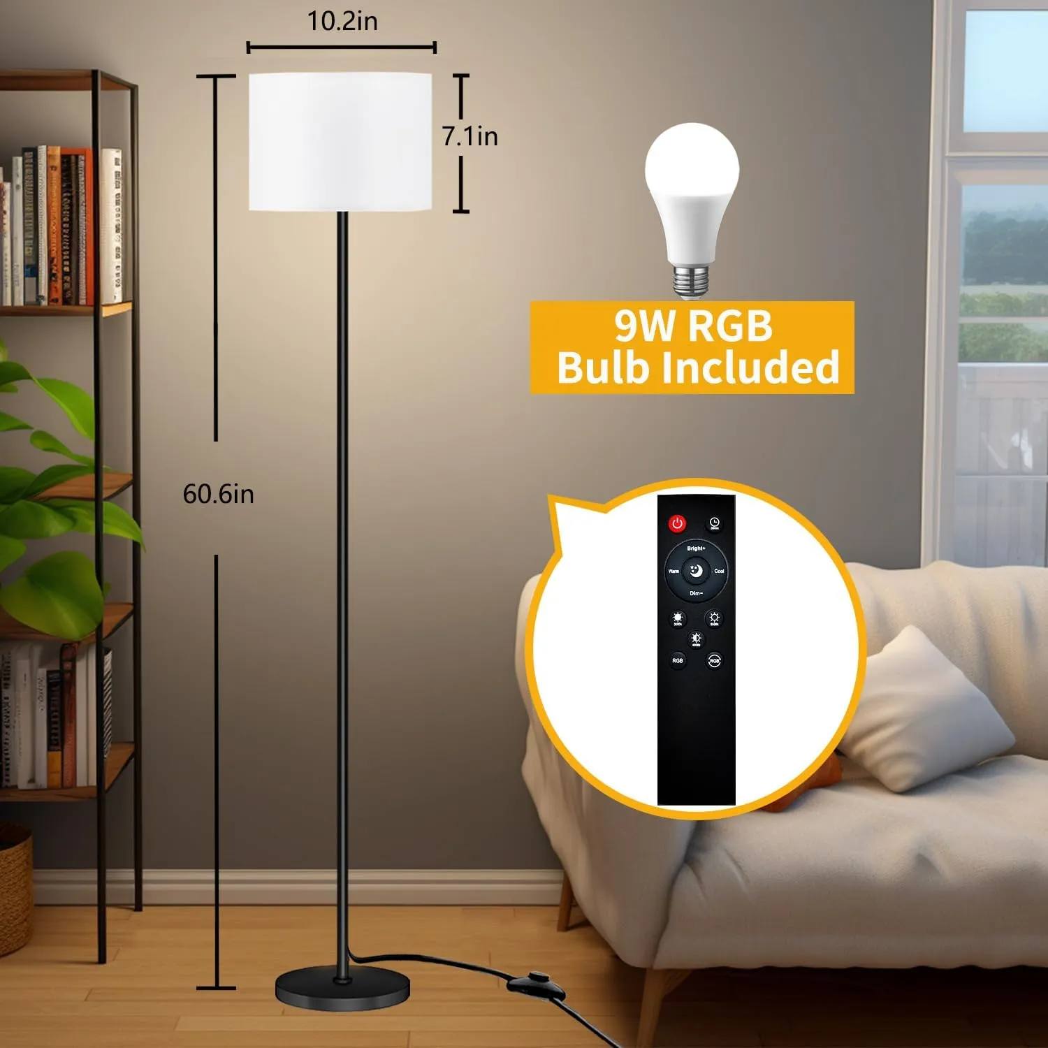 Floor Lamp for Living Room Bedroom,Modern LED Floor Lamp with Remote Control and Stepless Dimmable Colors Temperature & Brightness,Standing Lamps Tall Lamp (A:Black White(9W Bulb))
