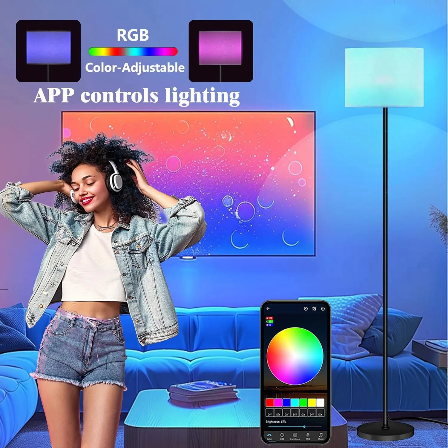 Floor Lamp for Living Room Bedroom,Modern LED Floor Lamp with Remote Control and Stepless Dimmable Colors Temperature & Brightness,Standing Lamps Tall Lamp (B:Black Beige(9W Bulb))