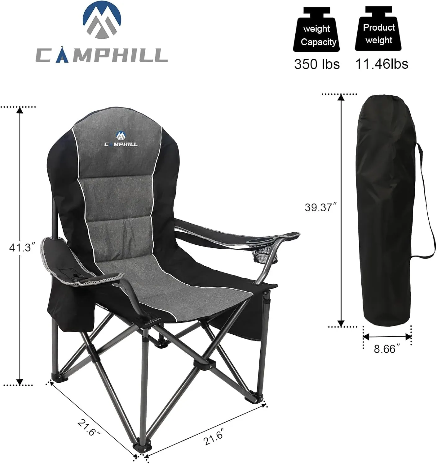 Folding Camping Chair:Oversized Portable Lawn Chairs for Adults,Outdoor Heavy Duty Padded Seats,Support 350 LBS,for Camp,Travel & Picnic