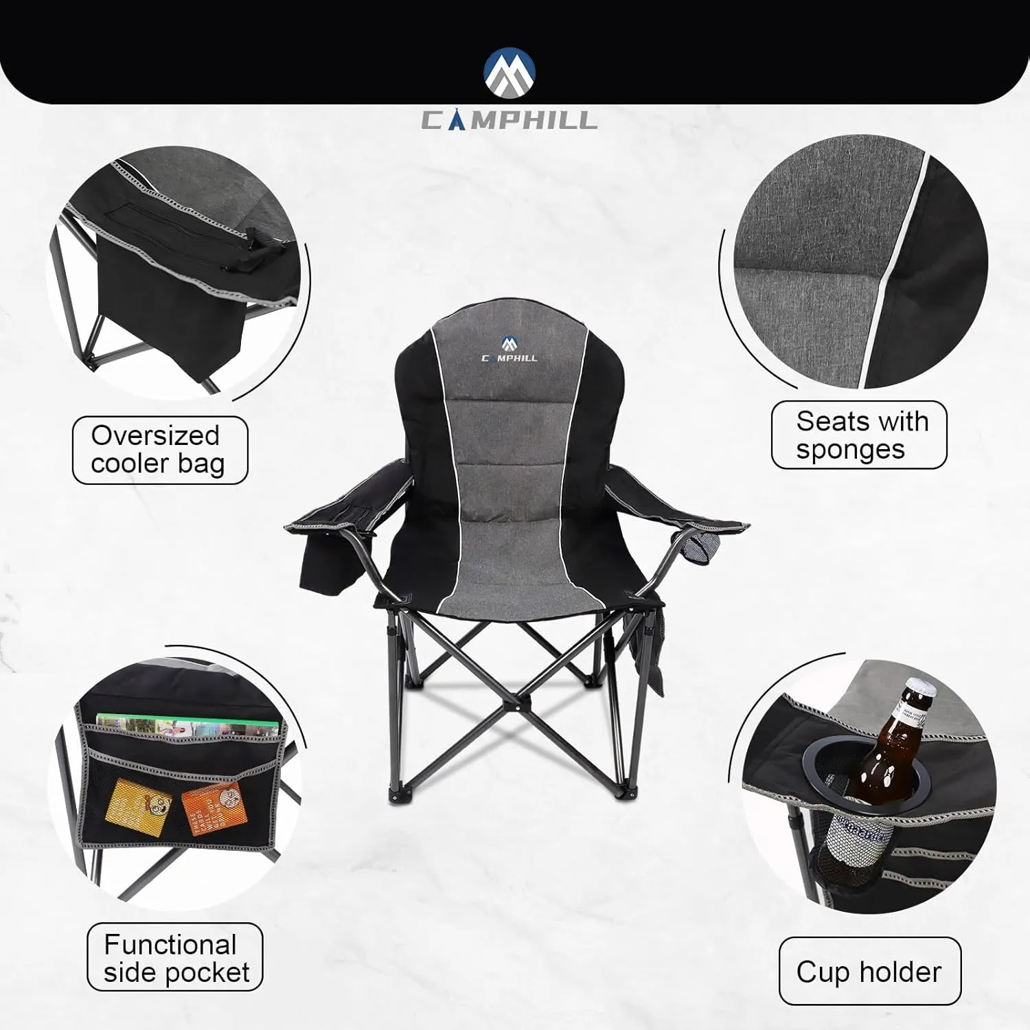 Folding Camping Chair:Oversized Portable Lawn Chairs for Adults,Outdoor Heavy Duty Padded Seats,Support 350 LBS,for Camp,Travel & Picnic