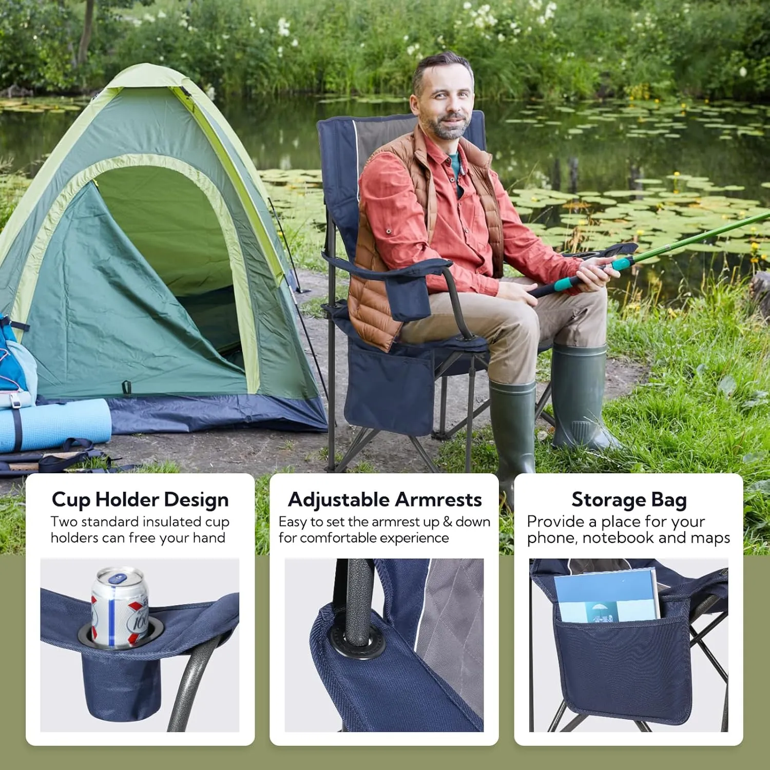 Folding Camping Chairs for Adults, Padded Folding Chairs for Outside Heavy Duty with Cup Holders & Side Pocket, Support up to 500 lbs, Blue