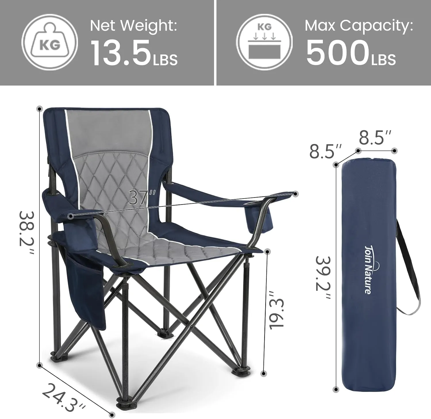Folding Camping Chairs for Adults, Padded Folding Chairs for Outside Heavy Duty with Cup Holders & Side Pocket, Support up to 500 lbs, Blue