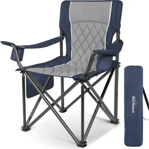 Folding Camping Chairs for Adults, Padded Folding Chairs for Outside Heavy Duty with Cup Holders & Side Pocket, Support up to 500 lbs, Blue